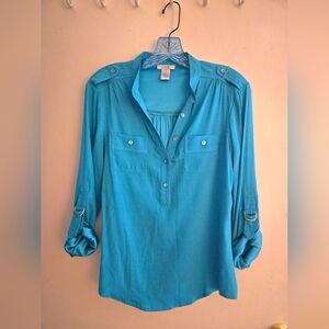 Cache Teal Silk Blouse Size Small